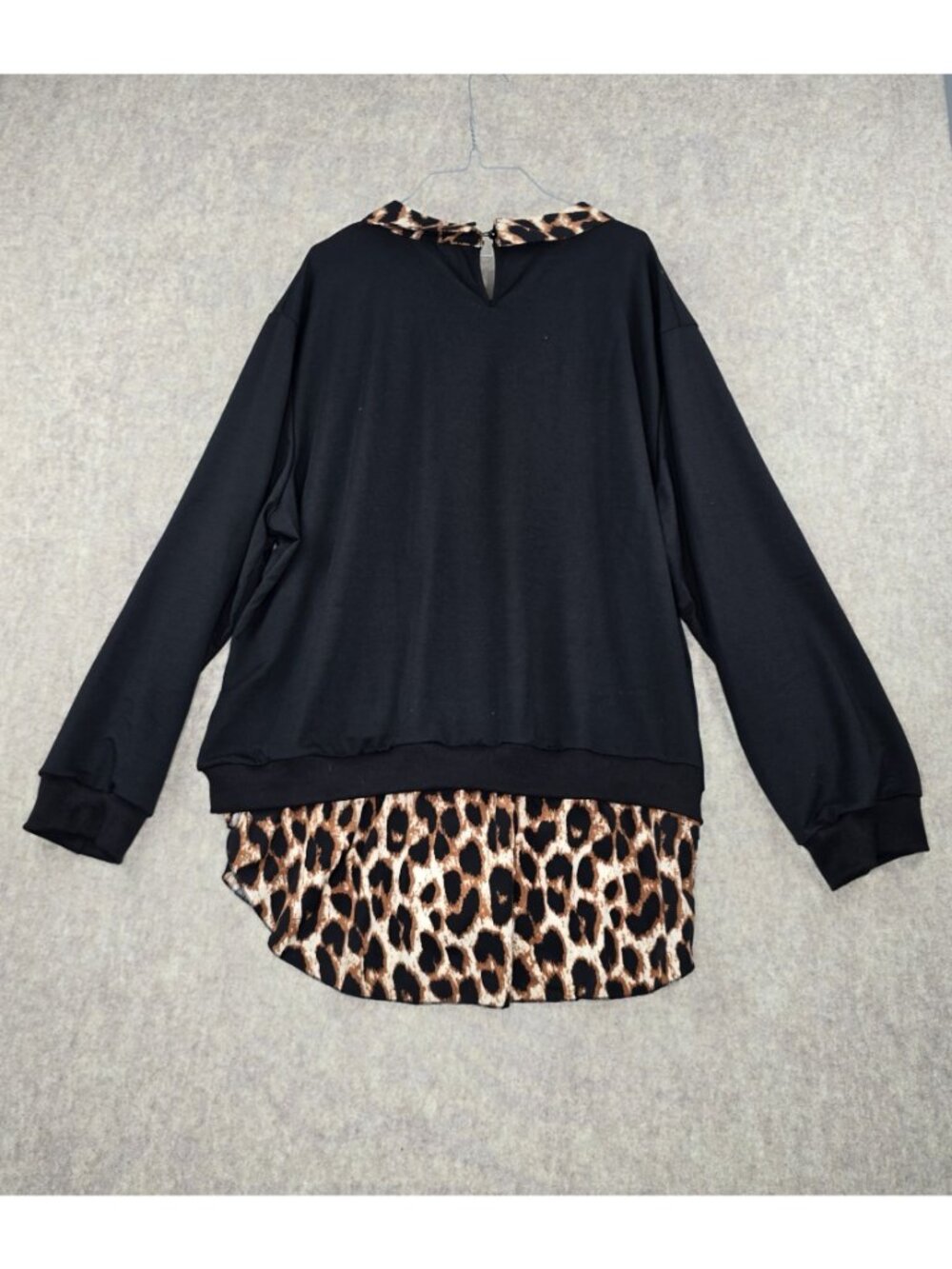 Black Long Sleeve Top With Leopard Print Collar & Hem Women’s 5XL Polyester Casu - Picture 6 of 7